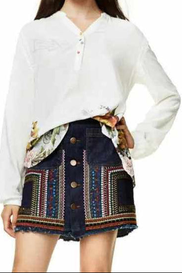 White Henley Neck Floral Print Back Long Sleeve Blouse
