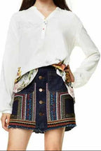 White Henley Neck Floral Print Back Long Sleeve Blouse