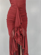 Burgundy Mesh Ruffle Waist Maxi Dress