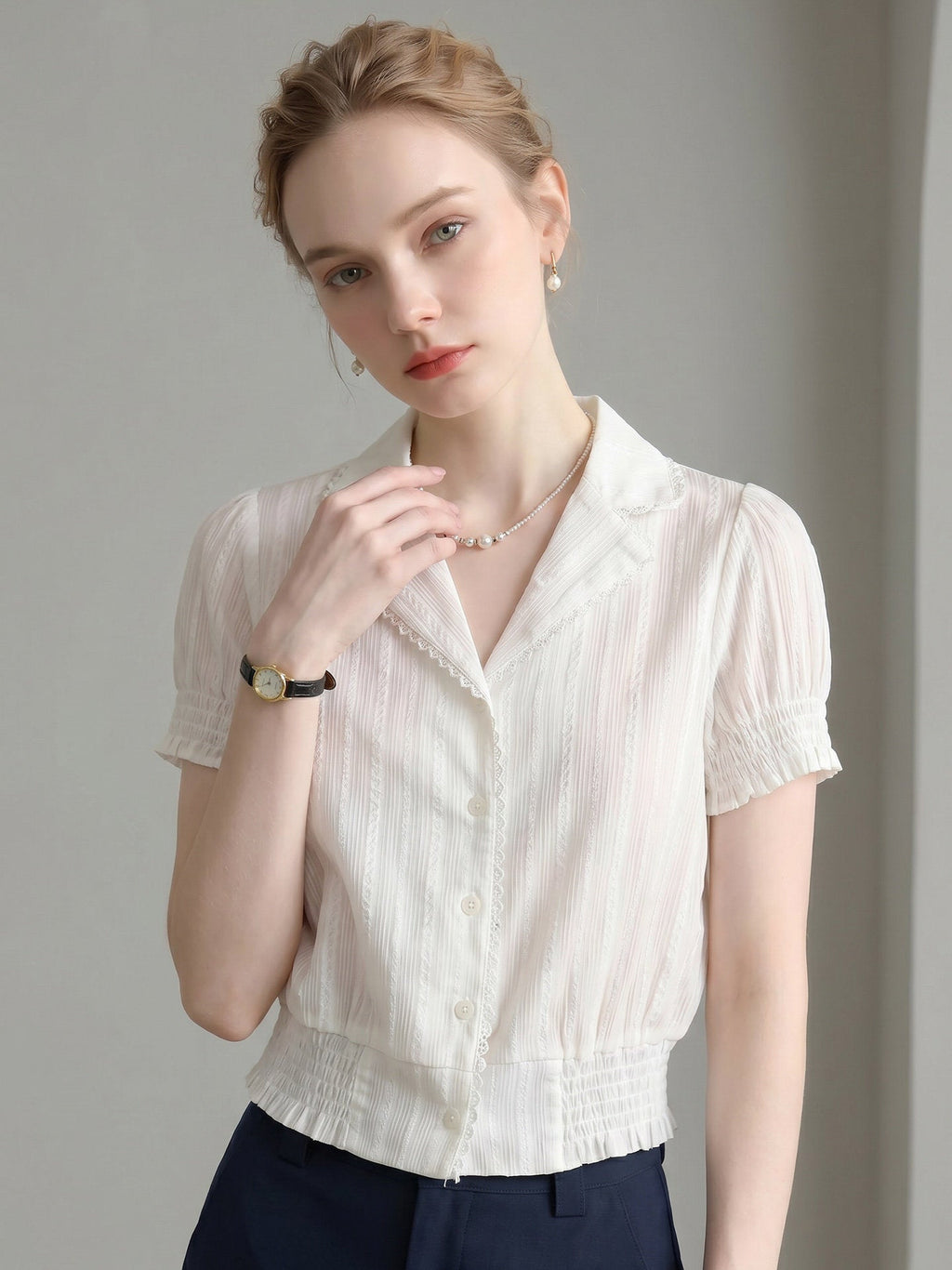 Flowering Girl Women Lace Trim Notched Collar Ruched Crop Short Sleeve Blouse