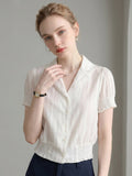 Flowering Girl Women Lace Trim Notched Collar Ruched Crop Short Sleeve Blouse