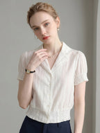 Flowering Girl Women Lace Trim Notched Collar Ruched Crop Short Sleeve Blouse