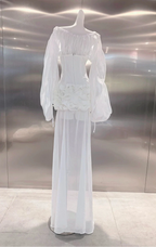 Flowering Girl Women Off Shoulder Sheer Sleeve Corset Ruffle High Low Mini Dress