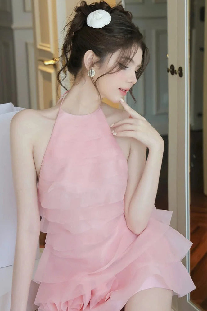 Flowering Girl Women 3d Flower Halter Ruffle Layer Mini Dress In Pink