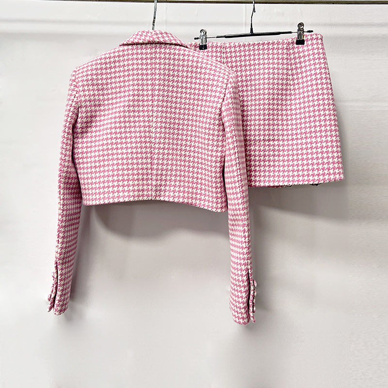 Helen Embellished Checked Wool-Blend Blazer Set In Pink