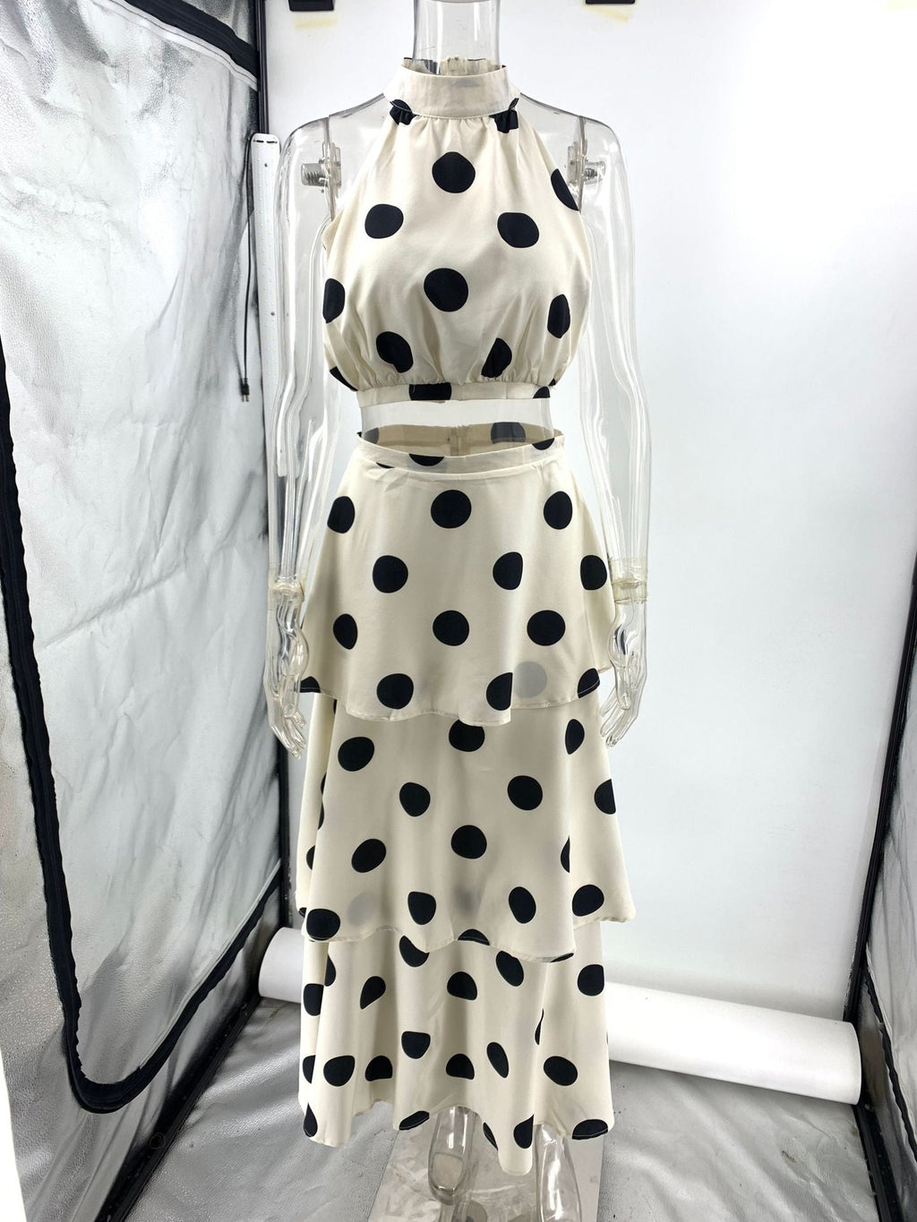 Flowering Girl Women polka dot print halterneck sleeveless top skirt set