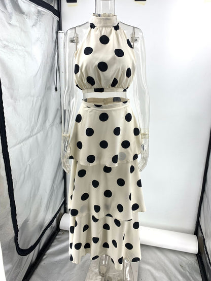 polka dot print halterneck sleeveless top skirt set