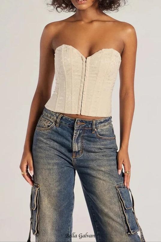 Brocade Satin Strapless Corset Top in white