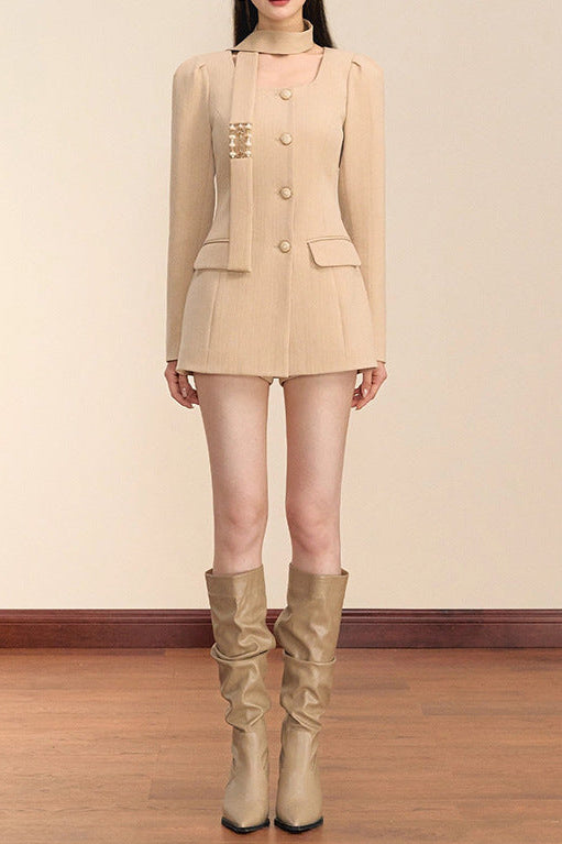 Molly Square Neck Long Sleeve Mini Blazer Dress In Khaki