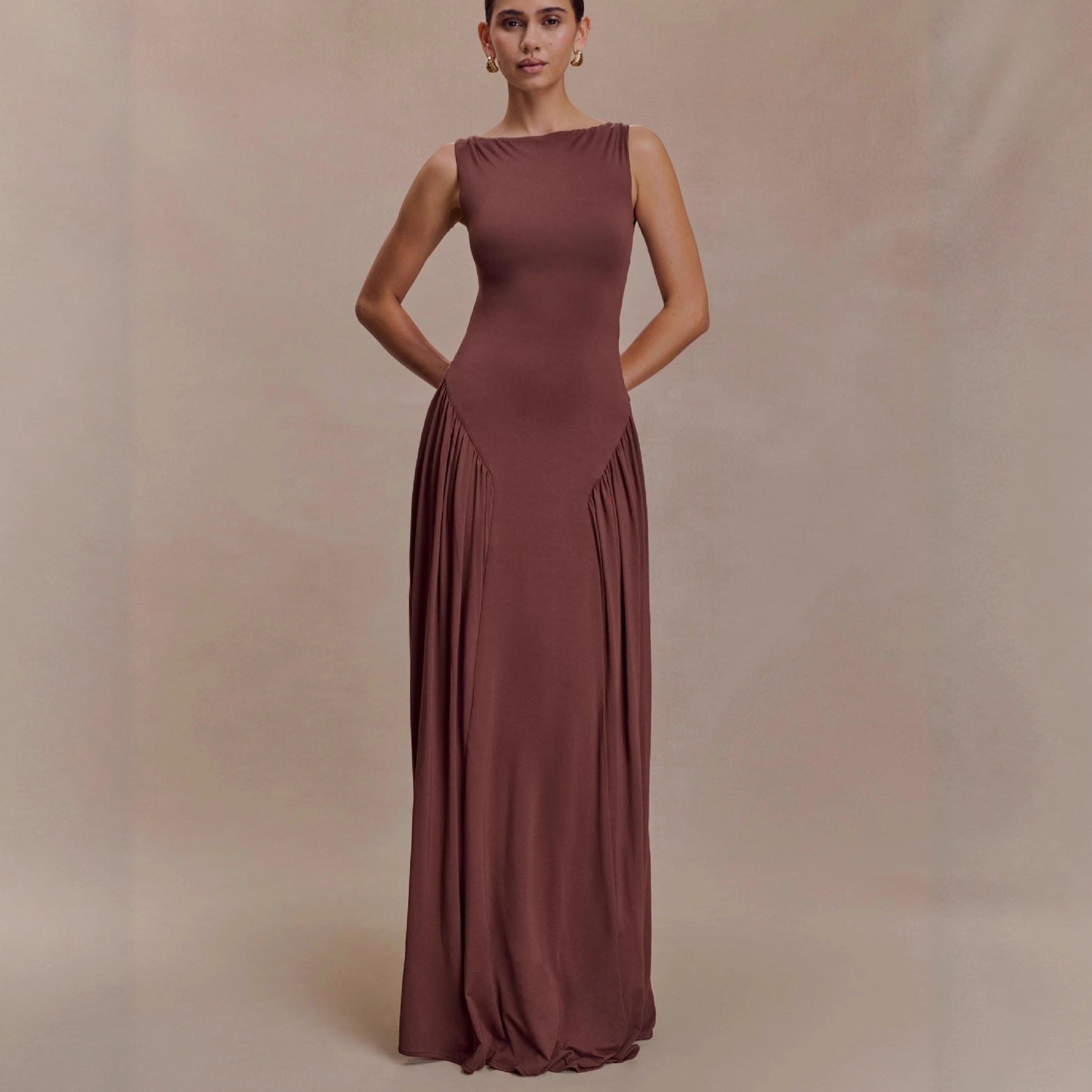 Flowering Girl Women brown pleated one-line neck pleated open back dress