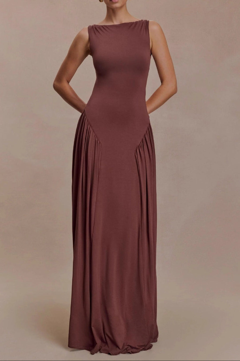 Flowering Girl Women brown pleated one-line neck pleated open back dress