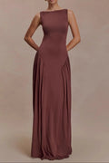 Flowering Girl Women brown pleated one-line neck pleated open back dress