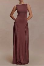 Flowering Girl Women brown pleated one-line neck pleated open back dress