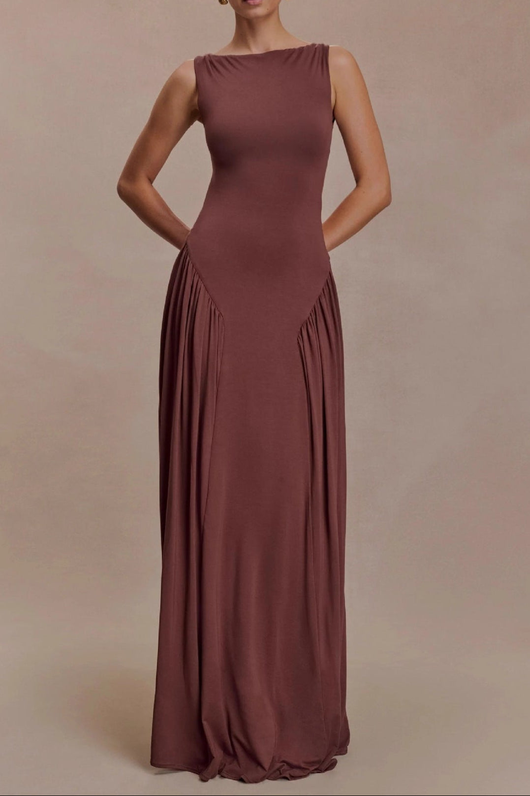 Flowering Girl Women brown pleated one-line neck pleated open back dress