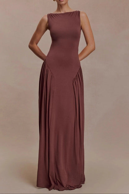 brown pleated one-line neck pleated open back dress