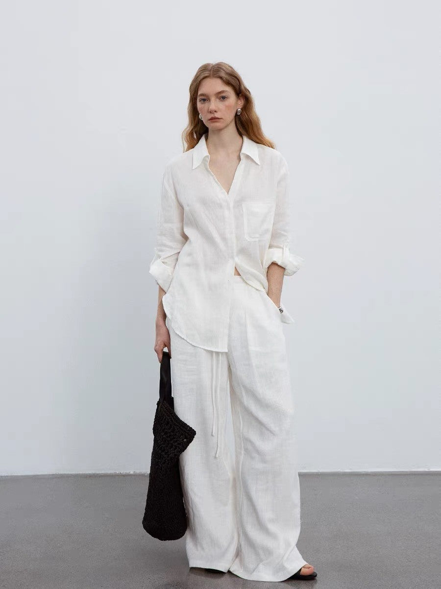 Flowering Girl Women white V-neck linen long-sleeved shirt
