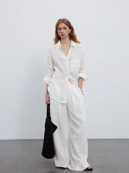 white V-neck linen long-sleeved shirt