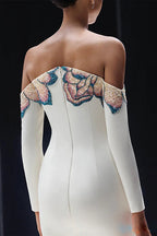 Flowering Girl Women white off-shoulder collars nails beads diamond maxi dress