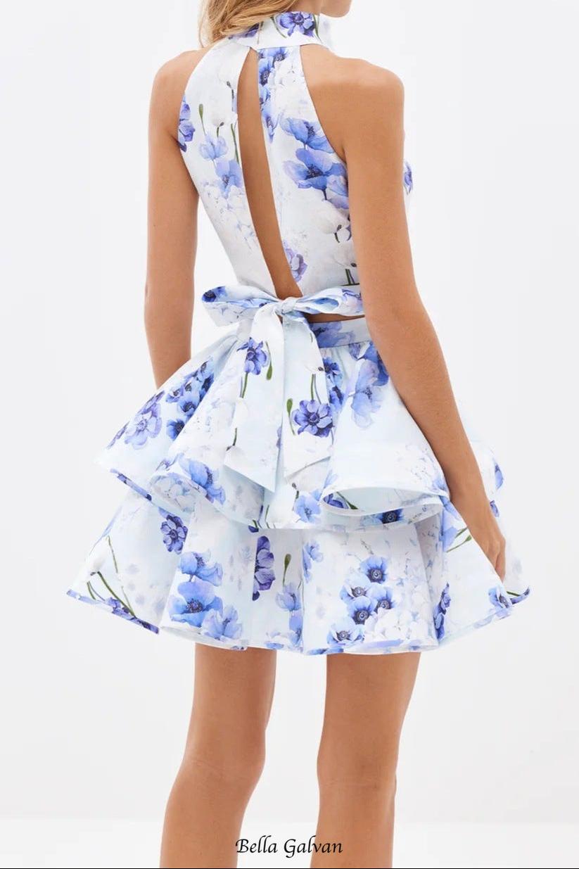 Flowering Girl Women jessica printed backless halter top skirt set in blue