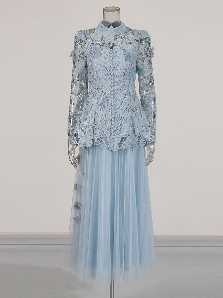 yvette blue Long Sleeve Folds Lace Butterfly Top And Skirt Two-Piece Set