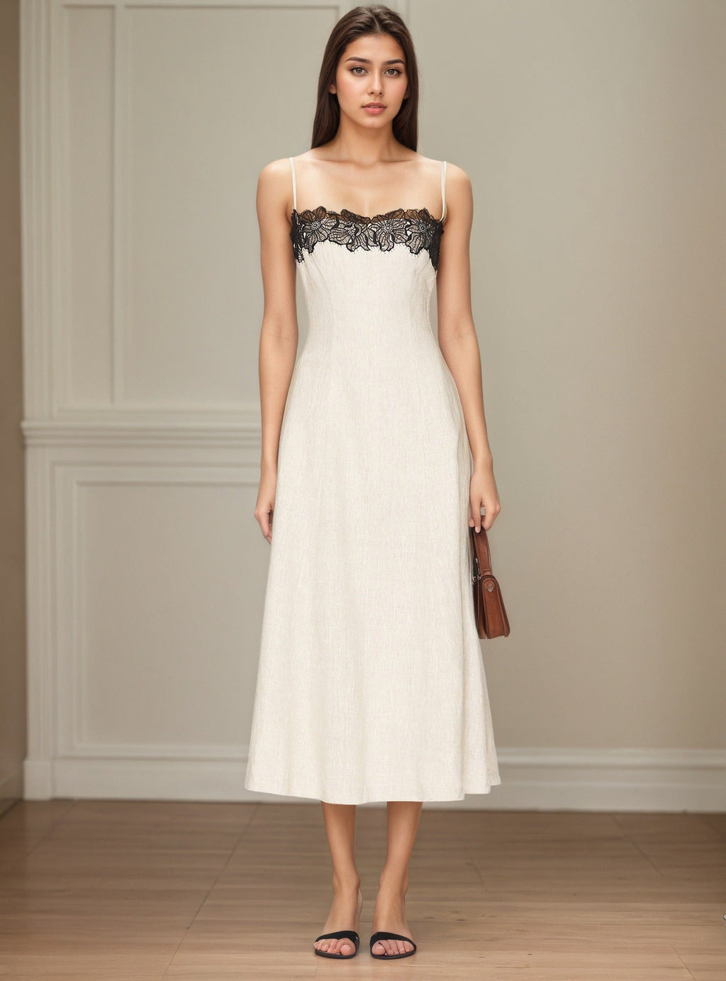 Flowering Girl Women Off White Thin Strap Black Lace Trim Midi Dress Slim Fit Flowy Linen Blend Slip Dress
