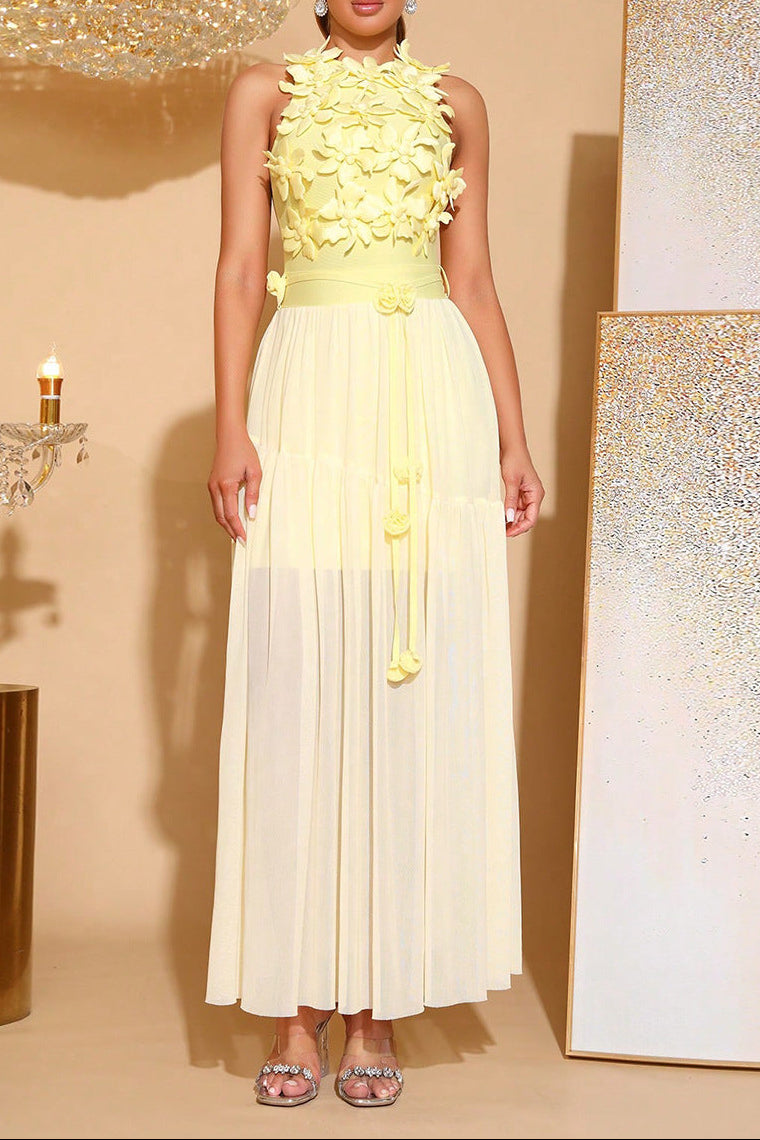 Flowering Girl Women Aurora 3D Flower Splicing Bandage Mesh Maxi Dress In Yellow