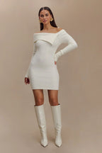 Flowering Girl Women white off-the-shoulder long-sleeved knitted dress
