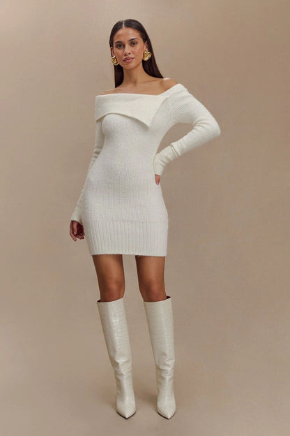white off-the-shoulder long-sleeved knitted dress