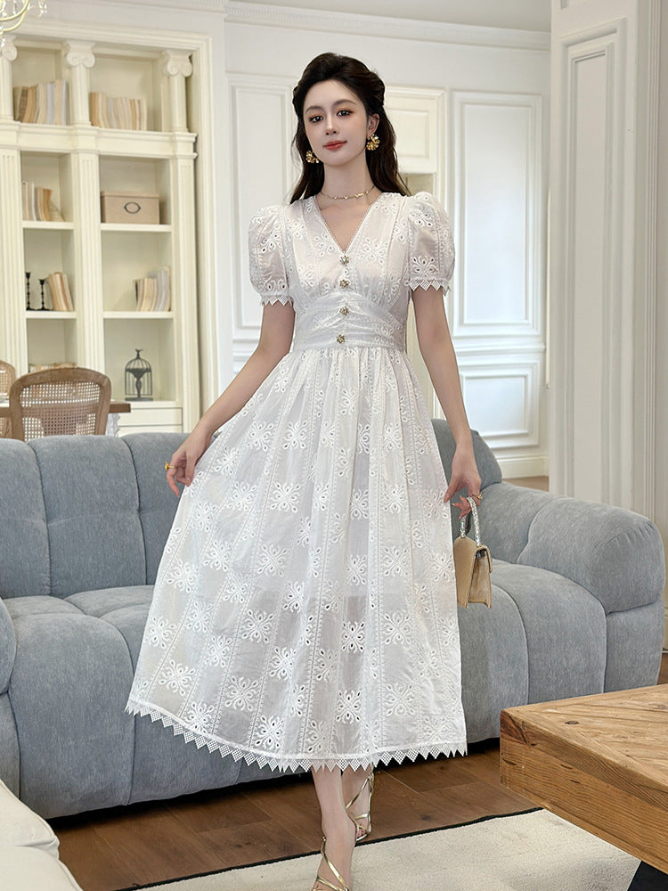 White Eyelet Embroidered Puff Sleeve Midi Dress