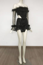 Flowering Girl Women Black Off-Shoulder Top Short Mesh Skirt Set