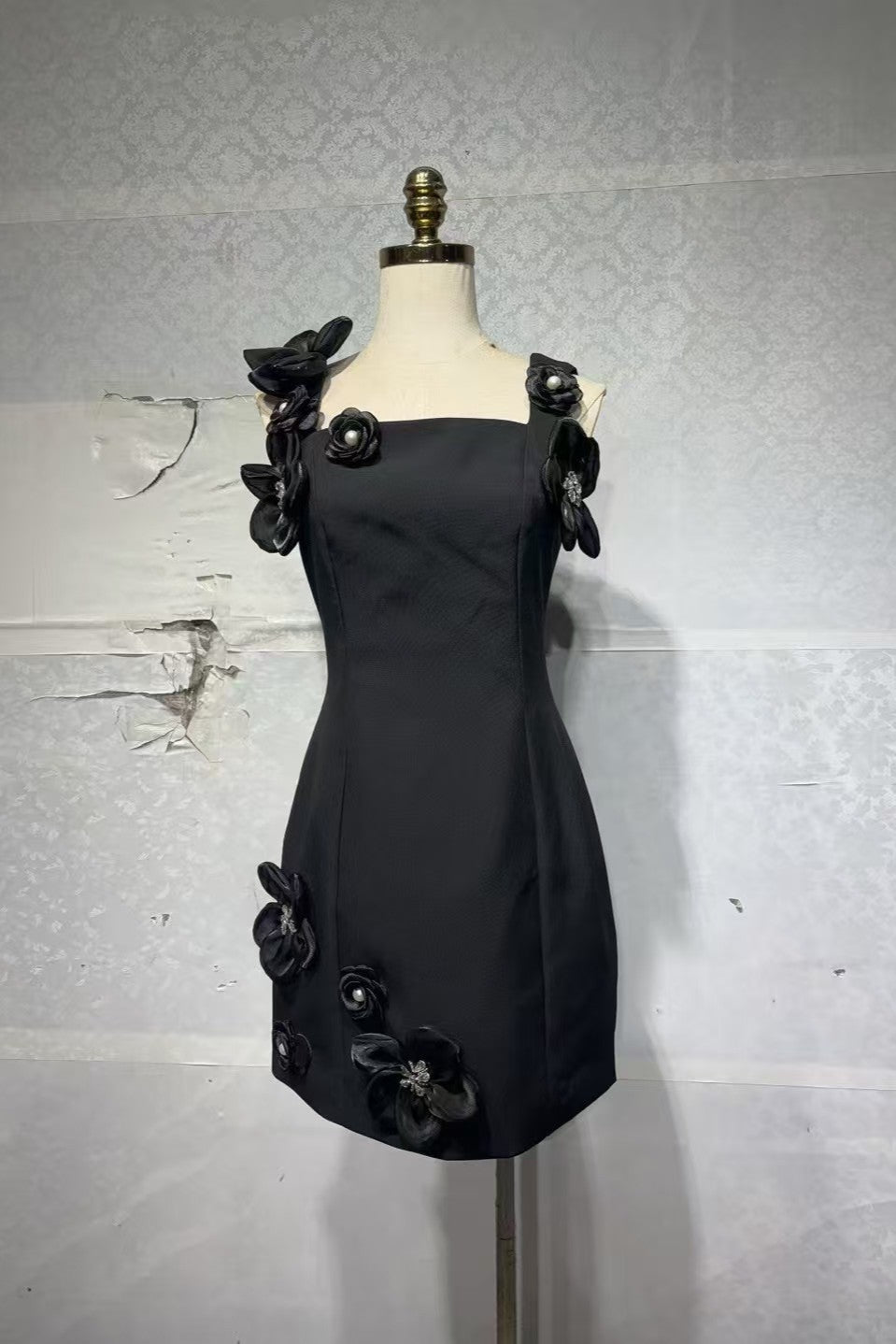 Flowering Girl Women 3D Flower Diamond Embellished Mini Dress In Black