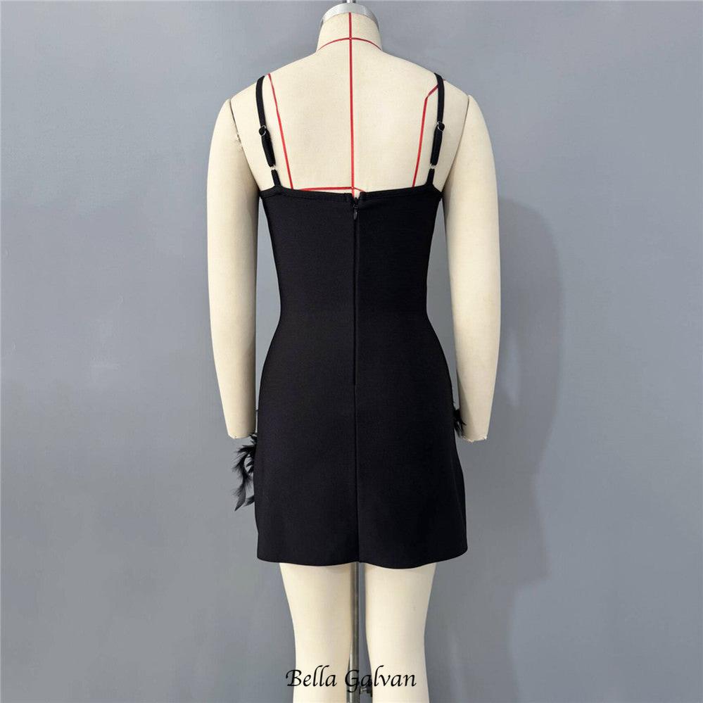 hedy Rhinestone Feather Bandage Strappy mini Dress - black