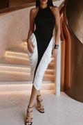 Flowering Girl Women Colorblock Patchwork Sleeveless Pleated Midi Dress