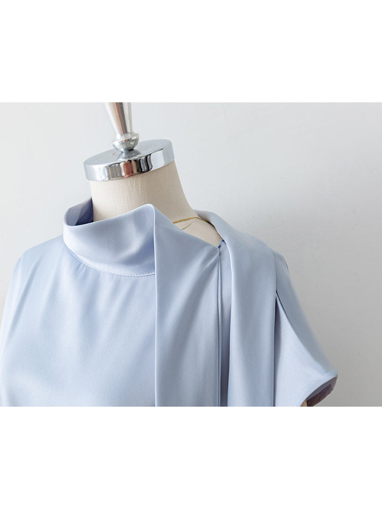 Flowering Girl Women Asymmetrical Side Big Bow Stand Collar Cap Sleeve Satin Blouse