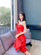 Dolores Strapless Two-Piece Set, Adorned With Bows And Irregular Ribbon Decorations-Red