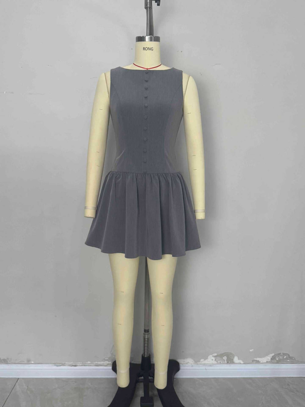 Flowering Girl Women Grey Boat Neck Sleeveless Button Front Gathered Flare Mini Dress