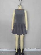 Flowering Girl Women Grey Boat Neck Sleeveless Button Front Gathered Flare Mini Dress
