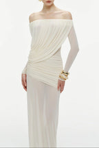 cara Off-shoulder long sleeve pleated mesh maxi dress in white