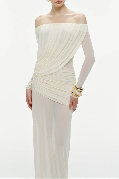 cara Off-shoulder long sleeve pleated mesh maxi dress in white
