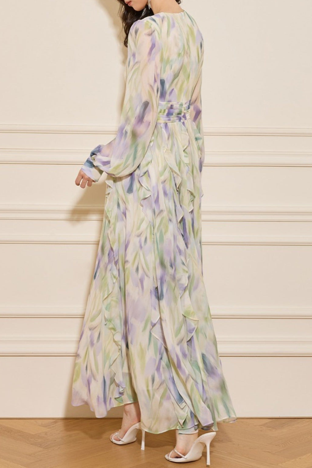 Flowering Girl Women Rachel Multicolor v-Neck Floral Print Lantern Sleeve Maxi Dress
