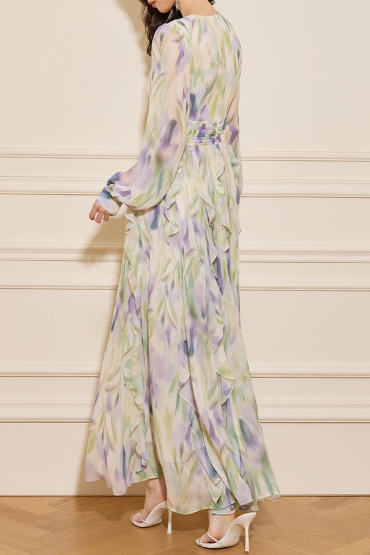 Flowering Girl Women Rachel Multicolor v-Neck Floral Print Lantern Sleeve Maxi Dress
