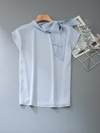Flowering Girl Women Asymmetrical Side Big Bow Stand Collar Cap Sleeve Satin Blouse