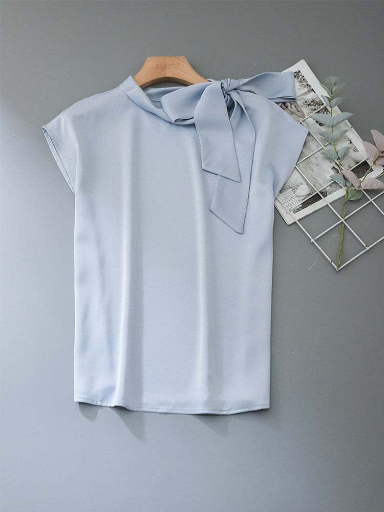 Flowering Girl Women Asymmetrical Side Big Bow Stand Collar Cap Sleeve Satin Blouse
