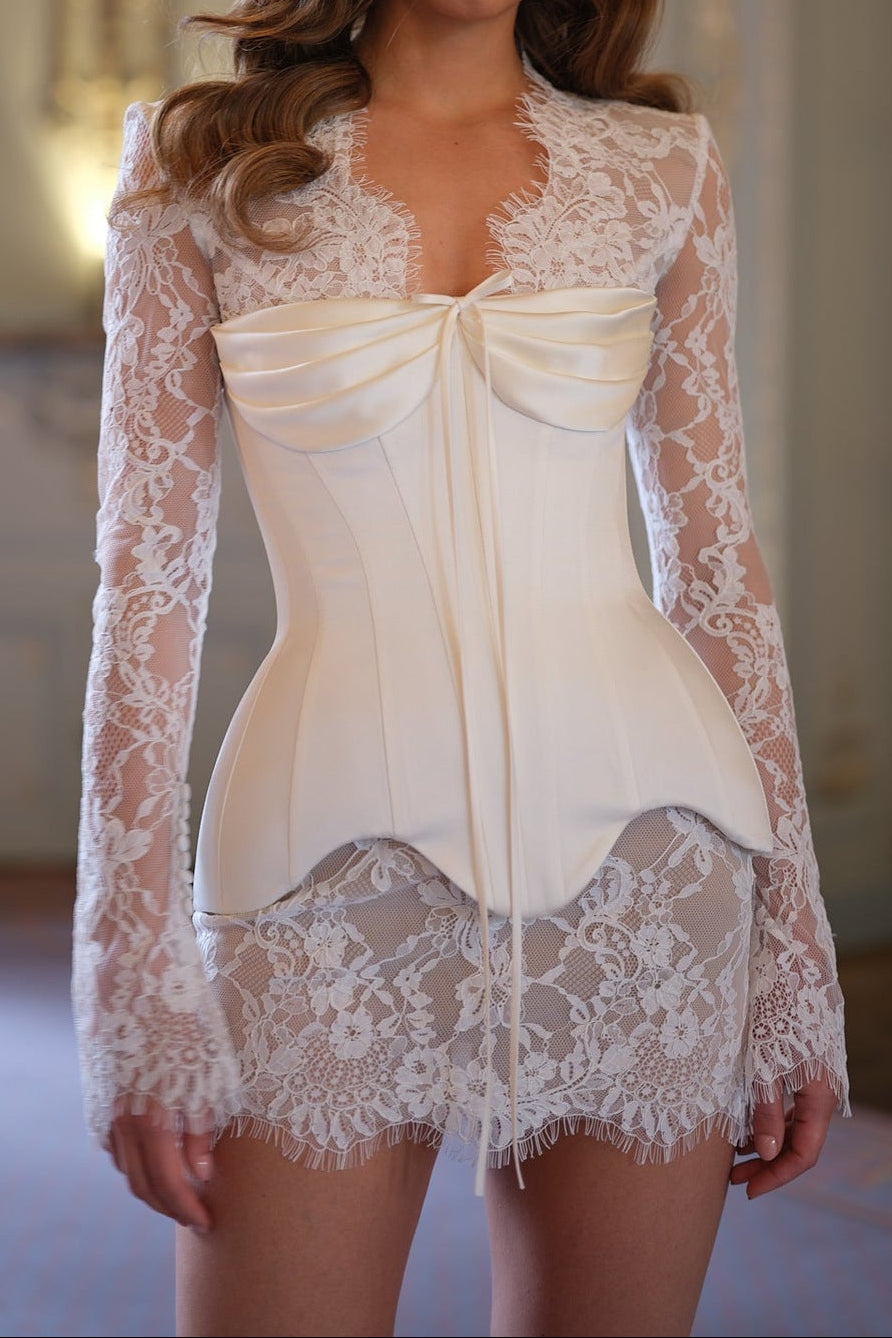 Flowering Girl Women Ivory Lace & Satin Corset Mini Dress