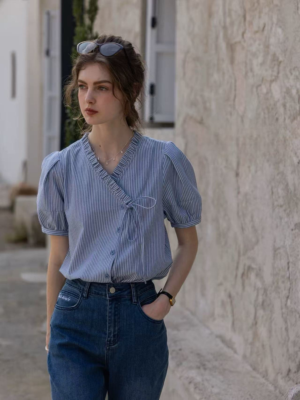 Flowering Girl Women blue cotton asymmetrical striped puff-sleeve shirt