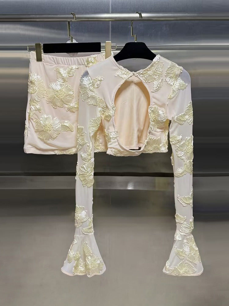 Nefertiti Apricot Embroidered Floral Backless T-Shirt And Skirt Set