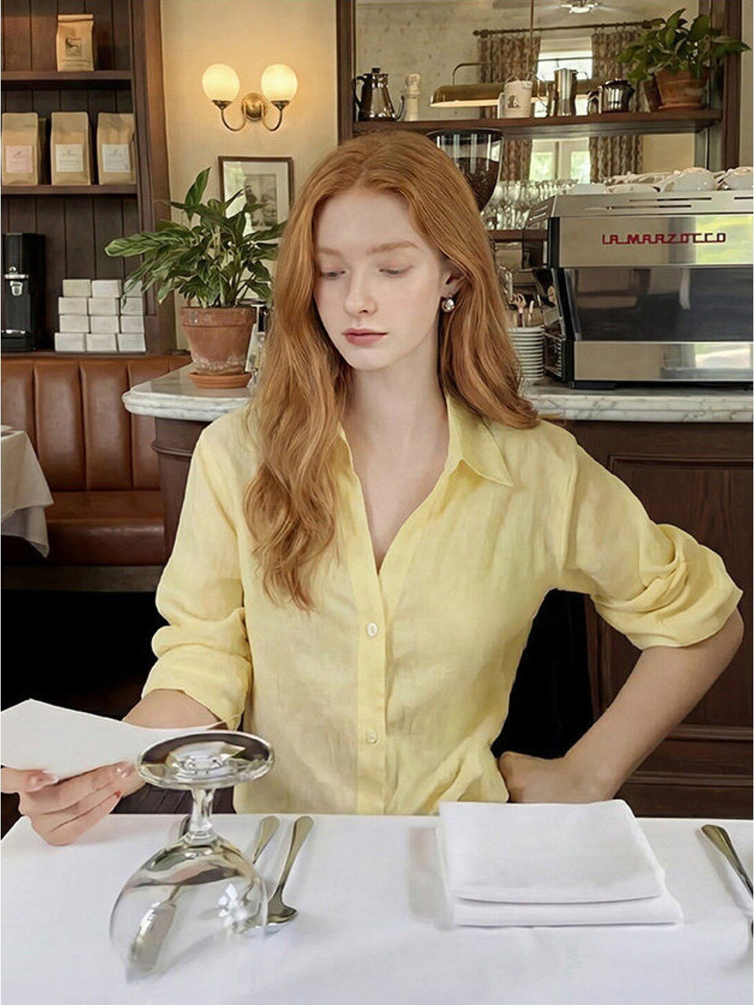 Flowering Girl Women Light Yellow Linen V-Neck Three-quarter Sleeve Shirt