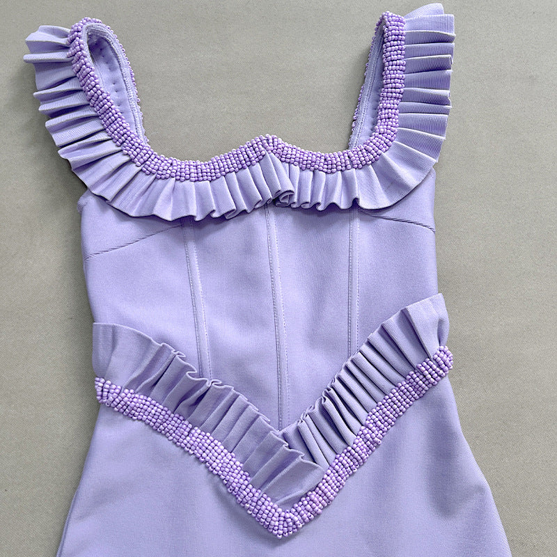 hermosa pearl embellished square neck ruffle bodycon maxi dress - purple