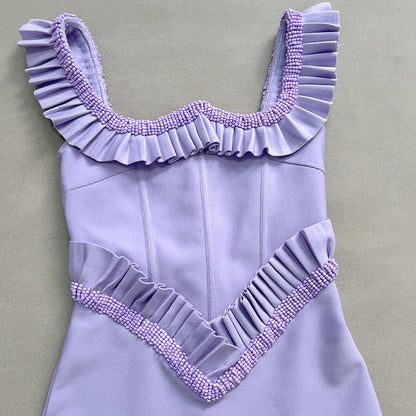 hermosa pearl embellished square neck ruffle bodycon maxi dress - purple