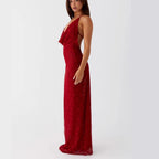 Flowering Girl Women Lace-up long dress with open back and spaghetti straps - red